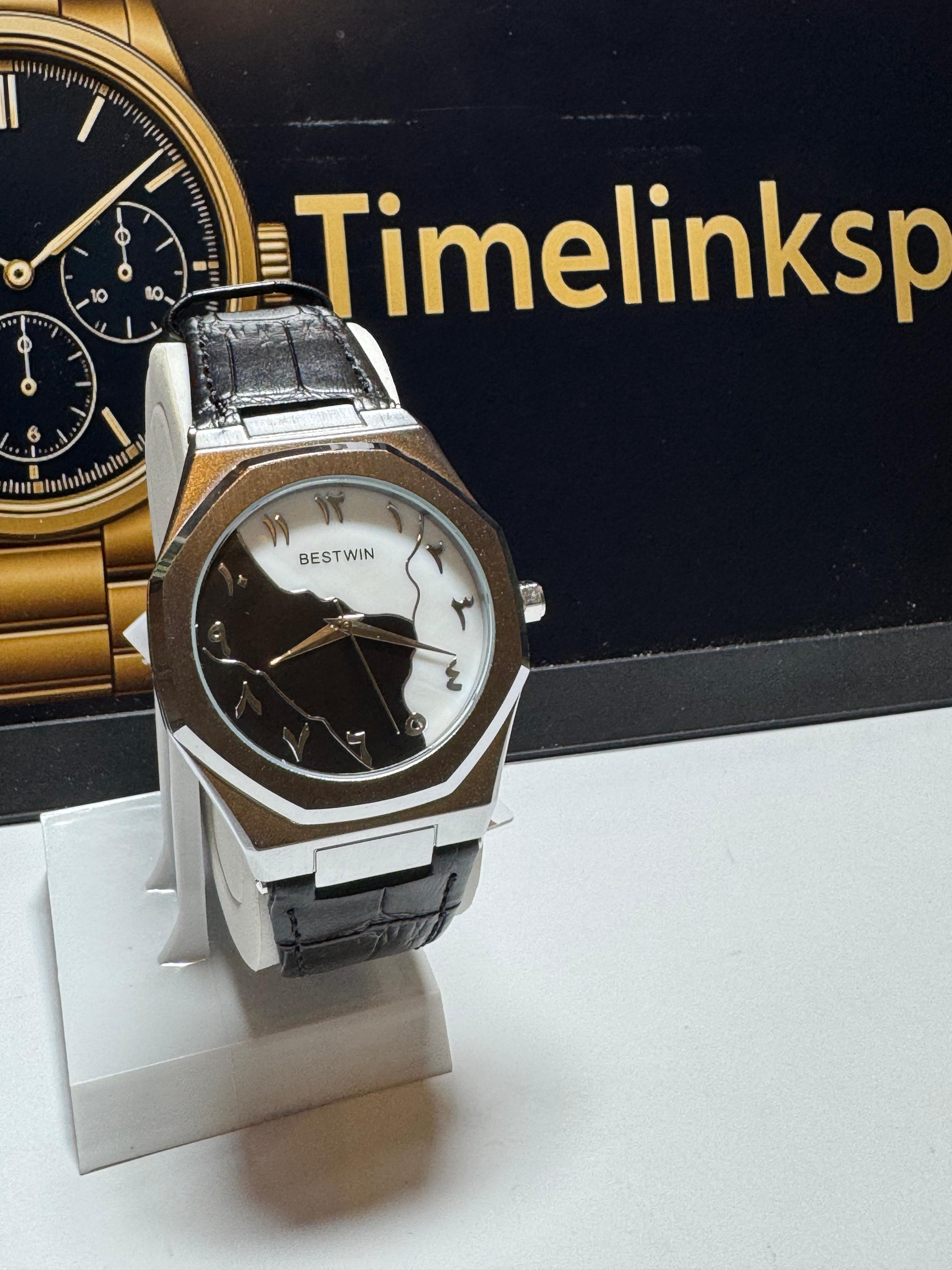 Bestwin Arabic watch-black leather strap- Silver case new design